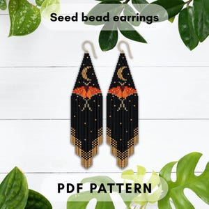Patrón de aretes de cuentas de semillas de mariposa, polilla y insecto de Luna Bruja, diseño de fase lunar creciente, puntada doble de ladrillo con flecos, PDF digital 238
