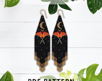 Witchy Luna Moth Butterfly Insect Seed Bead Earring-patroon, Crescent Moon Phase-ontwerp, dubbele dubbele steensteek met franjes, pdf digitaal 238
