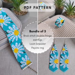 Può includere: Un set di modelli PDF per tre gioielli in perline con motivo a margherita in turchese, bianco e giallo. Il set include un braccialetto a telaio, un anello peyote e orecchini con frange a punto mattone, tutti con un design floreale coordinato.