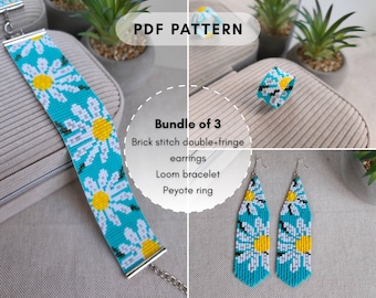 Bundle of 3 beaded patterns Peyote ring Loom Bracelet Brick stitch fringe earring Flower daisy seed bead Miyuki Delica PDF digital 002