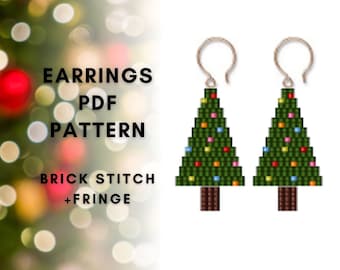 Christmas tree earring pattern, Xmas beading pattern, Brick stitch pattern, Beaded fringe earring pattern, PDF digital download