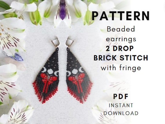 Beaded Butterfly earrings pattern, Witchy moon phases, 2Drop brick stitch, Red butterfly, Seed bead earrings with fringe PDF digital 560