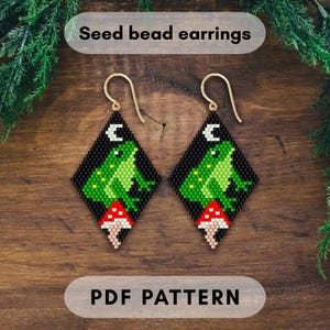 Frog mushroom brick stitch earring pattern, Moon phase, seed bead, Miyuki Delica, Halloween, Goblincore Witchcore design, PDF digital 566