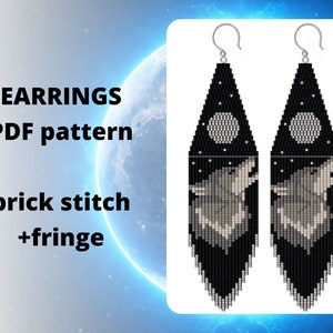 May include: A pair of black and white beaded earrings featuring a wolf howling at the moon design. The earrings are made using brick stitch and have fringe. The pattern is available as a PDF download. "EARRINGS PDF pattern brick stitch +fringe"