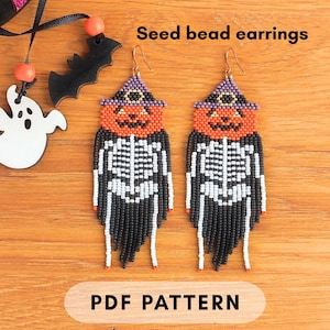 Halloween pumpkin skeleton Brick stitch fringe earring pattern Miyuki Seed bead beading Jack o Lantern DIY Spooky jewelry pdf digital 040
