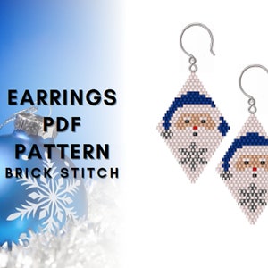 May include: A pair of white and blue beaded earrings with a Santa Claus design. The earrings are in the shape of a diamond and have a snowflake design. The earrings are labelled "EARRINGS PDF PATTERN BRICK STITCH".