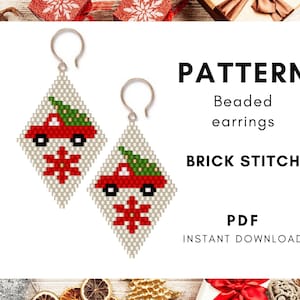 May include: A PDF pattern for beaded earrings featuring a red car with a Christmas tree on top and a snowflake. The pattern is for brick stitch and includes the text "PATTERN Beaded earrings BRICK STITCH PDF INSTANT DOWNLOAD".