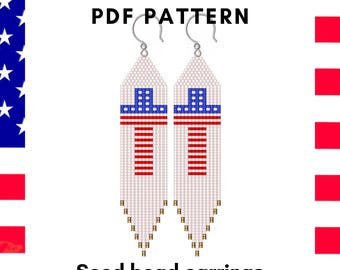 USA flag cross brick stitch fringe earring pattern, 4 July Independence day Patriotic design Seed bead Miyuki Delica PDF digital 173