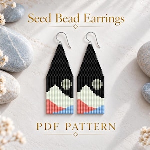 Moon Beaded Earrings Pattern, Brick Stitch Fringe, Seed Bead Weaving, Landscape Mountain & River, Minimalist, PDF digital 064