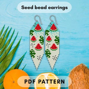 Watermelon beaded fringe earring pattern, Brick stitch, Summer fruit design, Seed bead, Monstera leaves, Rhomb shape, PDF digital 145