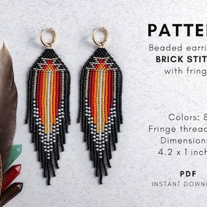 May include: Beaded earrings pattern in brick stitch with fringe. The earrings are 4.2 inches long and 1 inch wide. The pattern uses 8 colors and 15 fringe threads. PDF instant download.