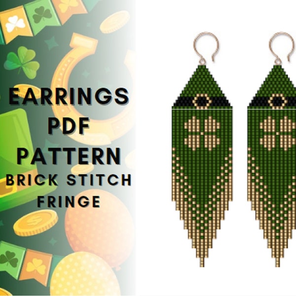 Lucky clover Seed bead earring pattern, Brick stitch pattern, St Patrick Day, Bead weaving fringe earrings, Beadwork, PDF digital, 151