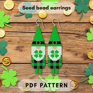 Festive Brick stitch gnome earring pattern, St. Patrick's Day, Seed bead, Leprechaun pattern, Lucky clover Shamrock PDF digital download 149