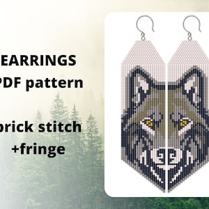 May include: A pair of beaded earrings featuring a wolf's face in grey, black, and yellow. The earrings are made with brick stitch and have fringe. The text "EARRINGS PDF pattern brick stitch +fringe" is visible in the image.