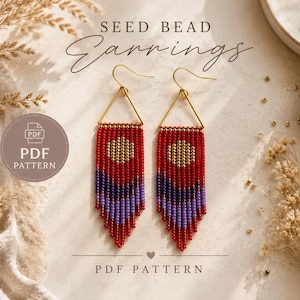 Abstract beaded earring pattern Miyuki seed bead Fringes with triangle frame Sun mountain Red purple shades Grown up beading PDF digital 007