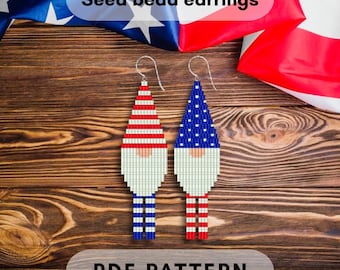 USA gnome beaded earring patterns, Brick stitch, Seed bead fringes, Labor day, 4th July Independence day Set of 2 festive PDF digital 534