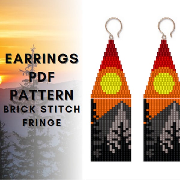 Mountain sunset Brick stitch earring pattern with fringe, Seed bead pattern, Forest sun, Landscape nature, Beadweaving, PDF digital 544