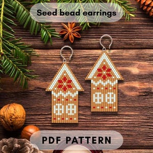 Modèle de boucles d'oreilles en perles de rocaille pour maison en pain d'épice Miyuki Delica Franges en point de brique style Noël Biscuit de Noël Bijoux d'hiver DIY PDF numérique 300