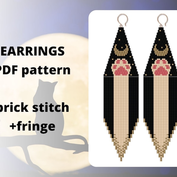Crescent Moon Phase pattern, Lunar Cat Seed bead earring pattern, Beaded earring pattern, Brick stitch pattern, PDF digital download