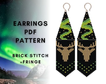 Northern Lights aurora borealis beaded earrings pattern, Deer Elk Reindeer Caribou, Seed bead fringe pattern, Brick stitch digital pattern