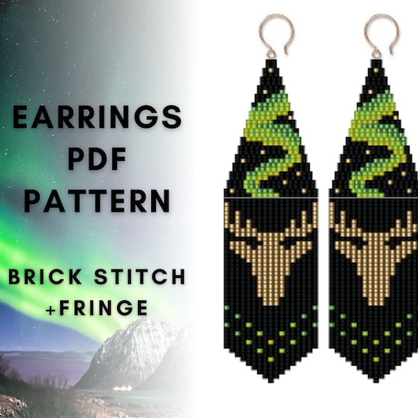 Northern Lights aurora borealis beaded earrings pattern, Deer Elk Reindeer Caribou, Seed bead fringe pattern, Brick stitch digital pattern