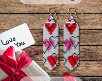Hearts beaded earring pattern, Brick stitch with fringes, Valentine Day, Seed bead Delica, Beadwork, Beading design, PDF digital 056