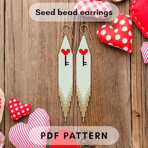 Patrón de pendientes de cuentas con forma de llave de corazón de San Valentín Cuentas de semillas Miyuki Delica Punto de ladrillo con flecos extra largos Tejido de cuentas PDF digital 158