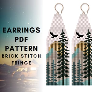 Mountain forest Brick stitch fringe earring pattern, Sun earring pattern, Camp earring pattern, Seed bead pattern, digital