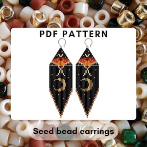 Moth Moon phase beaded earring pattern, Brick stitch butterfly, Fringe earring pattern Seed bead Miyuki Delica Boho pdf digital download 253