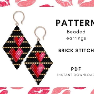 May include: A PDF pattern for beaded earrings with a brick stitch design. The earrings feature a black background with gold accents and pink hearts.