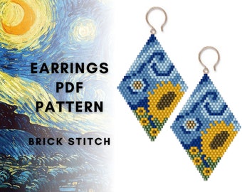 Sunflower Starry night brick stitch pattern, Van Gogh earring pattern, Seed bead Miyuki Delica, Rhomb shape beadwork, PDF digital download