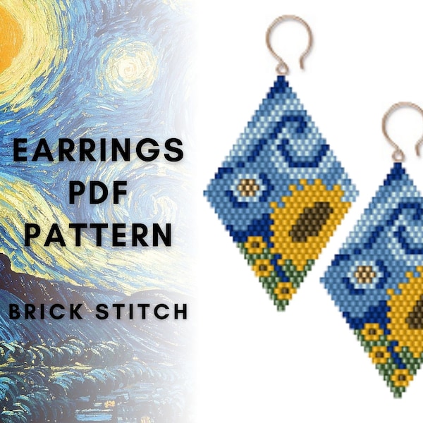 Sunflower Starry night brick stitch pattern, Van Gogh earring pattern, Seed bead Miyuki Delica, Rhomb shape beadwork, PDF digital download