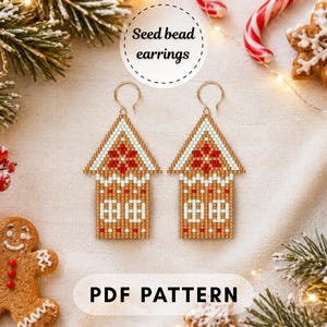 May include: A pair of house-shaped seed bead earrings featuring a brown, white, and red gingerbread house design with a peaked roof, a red star motif, and white window details. The text Seed bead earrings and PDF PATTERN appear in the image.