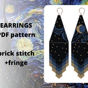 Starry night Van Gogh, Brick stitch earrings pattern, Seed bead earring pattern, Fringe earring pattern, PDF digital download