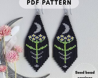 Crescent moon little flower seed bead fringe earring pattern Miyuki round rocaille Botanical floral Beadweaving Brick stitch PDF digital 270