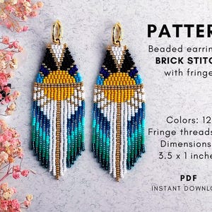 Sun Sea ocean seed bead fringe earring pattern, Miyuki round rocailles, seed beads 11 size, Bead weaving, Brick stitch, PDF digital 255