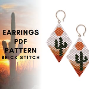 Sun Cactus brick stitch earring pattern, Seed bead earring pattern, Miyuki Delica, Rhomb shape beadwork, Sunset desert, PDF digital