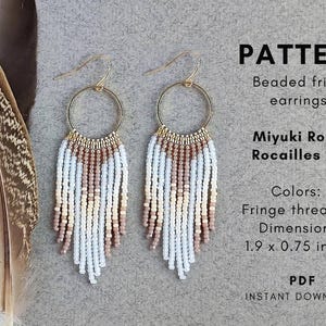 May include: A pattern for beaded fringe earrings using Miyuki Round Rocailles 11/0 beads. The pattern includes 5 colors and 11 fringe threads. The earrings are 1.9 inches by 0.75 inches.