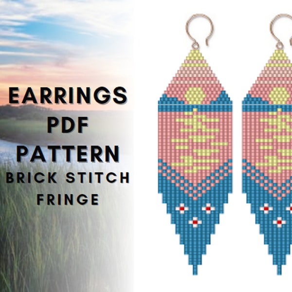 Pink sunset Mountain lake river seed bead fringe earring pattern, Landscape nature, Brick stitch sun, Sunshine, sunlight on water, digital