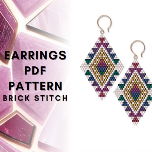 Folk ethnic seed bead rhombus earring pattern, Brick stitch Miyuki Delica,  Native style inspired pattern, digital