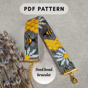Bee seed bead bracelet loom pattern, Daisy flowers Miyuki Delica Honeycomb design Gift for crafter PDF digital 005