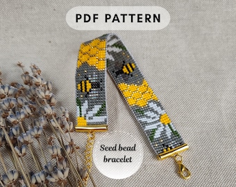Bee seed bead bracelet loom pattern, Daisy flowers Miyuki Delica Honeycomb design Gift for crafter PDF digital 005