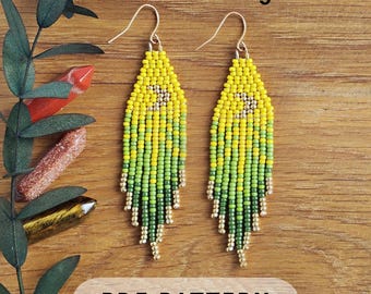 Spring beaded fringe earring pattern, Green leaf turns yellow, Moon phase crescent Miyuki seed bead, beadweaving DIY jewelry PDF digital 044