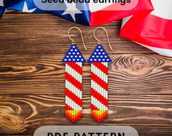 Festive American firework seed bead earring pattern, 4th July Independence day Patriotic firecracker Brick stitch fringe USA PDF digital 367