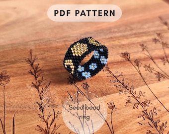 Moon phases seed bead peyote ring pattern, Forget-me-not Blue flowers Miyuki Delica Floral design Mooncore gift for crafter PDF digital 001