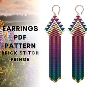 Folk gradient ethnic seed bead fringe earring pattern, Brick stitch, Delica pattern, Bead earring pattern, Native inspired, PDF digital