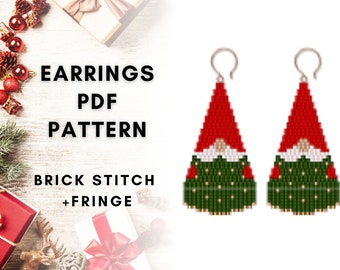 Christmas brick stitch earring pattern, Christmas tree, Christmas gnome, Seed bead Miyuki Delica, Fringe earring pattern, PDF digital