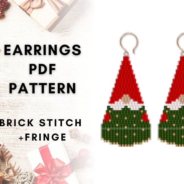 Christmas brick stitch earring pattern, Christmas tree, Christmas gnome, Seed bead Miyuki Delica, Fringe earring pattern, PDF digital