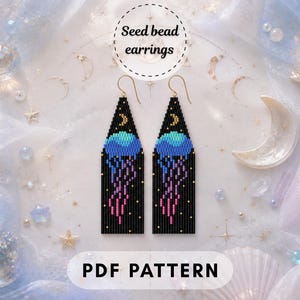 May include: A pair of long, rectangular seed bead earrings featuring a black background with a jellyfish design in blue, purple, and pink, accented by a yellow crescent moon and stars. The text Seed bead earrings and PDF PATTERN is visible.