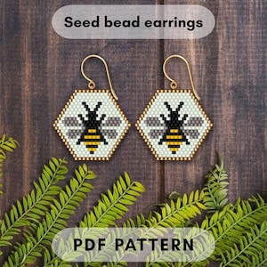 Bee honeycomb Brick stitch beaded earring pattern, Honey insect, Seed bead jewelry DIY, Hexagon shape, PDF digital 477